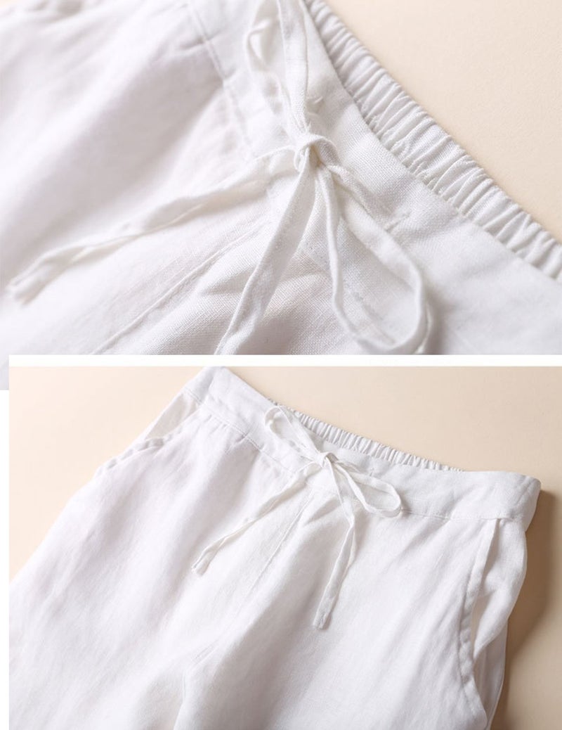 IXIMO Women's Tapered Pants 100% Linen Drawstring Back Elastic Waist Pants Trousers with Pockets White L - Image 3